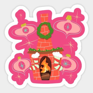 MCM Fireplace Cartoon Christmas Design with Pink Ornaments Sticker